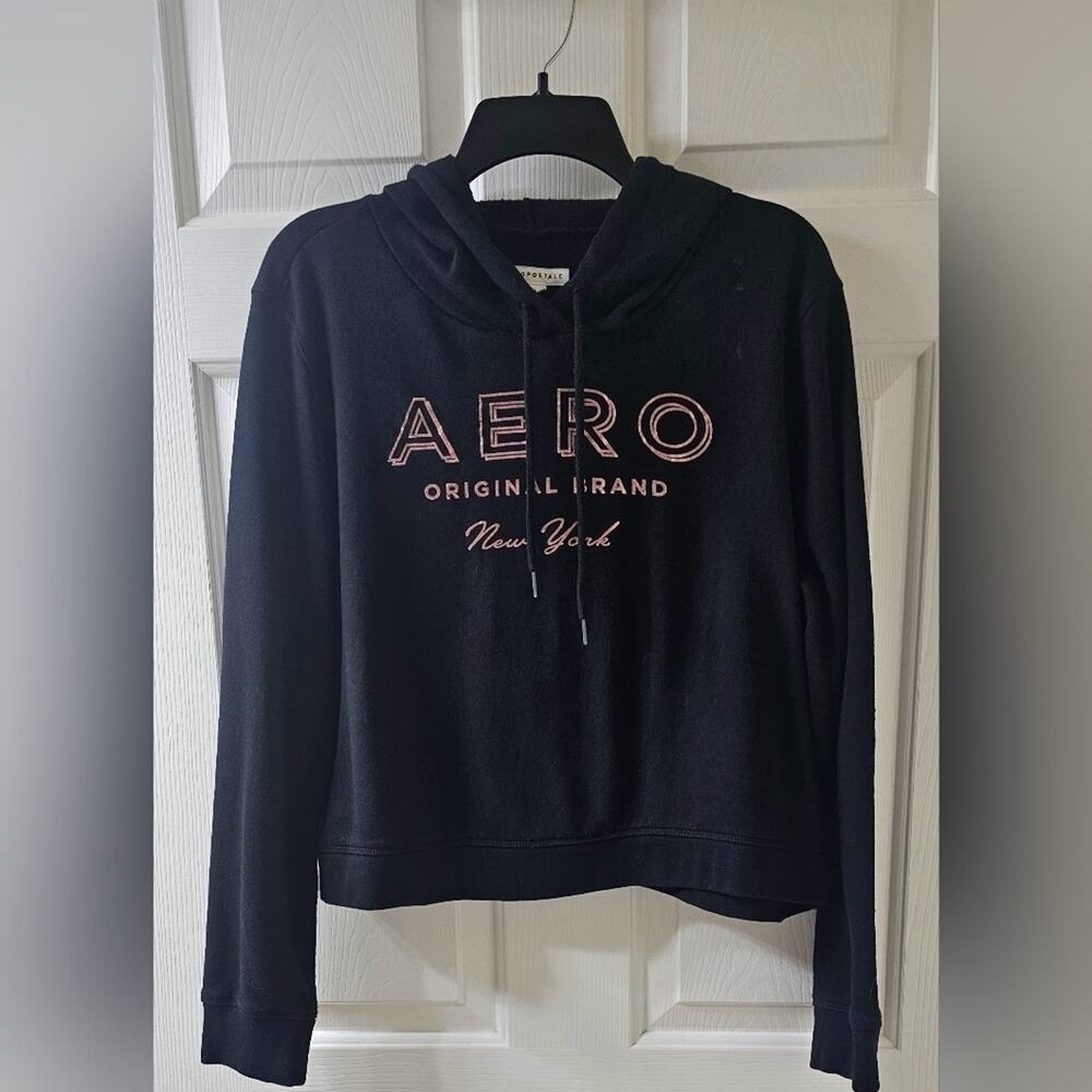 Aeropostale Women's Black Hoodie Sweatshirt, rose gold foil lettering XL